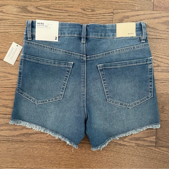 AERO High Rise Stretchy Midi Denim Shorts - Frayed Hem - Medium Denim Blue - Picture 3 of 11
